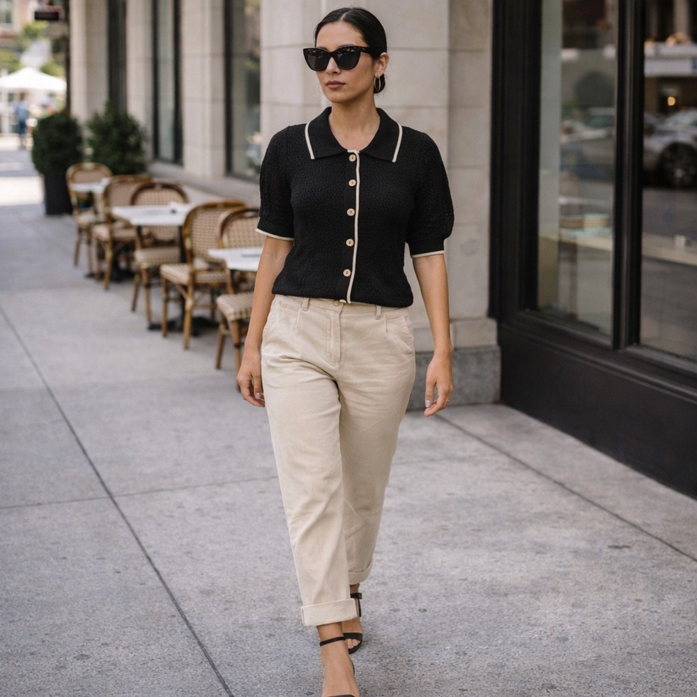 E LAND Black Knit Collared Short Sleeve‎ Button Up Top With White Trim size s
